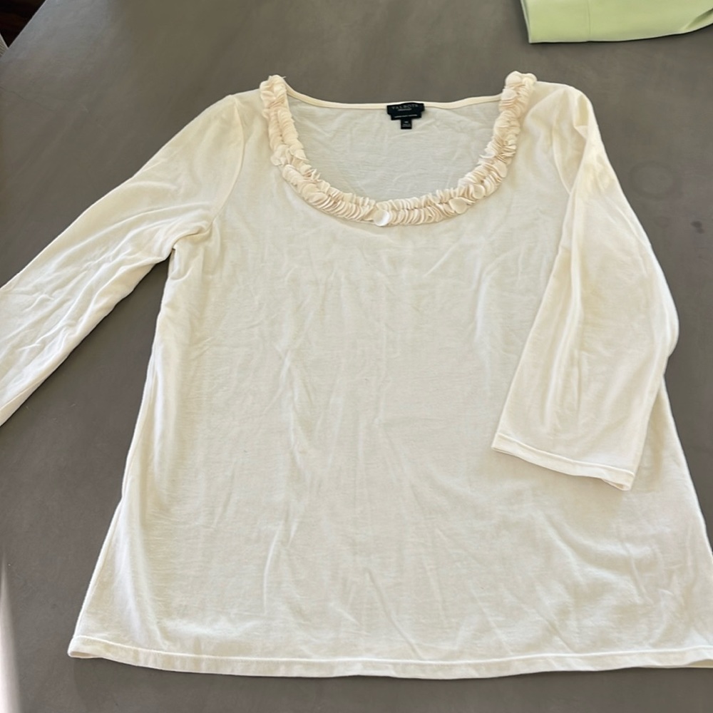 Talbots quarter inch cream scoop neck tee with detailing around neckline